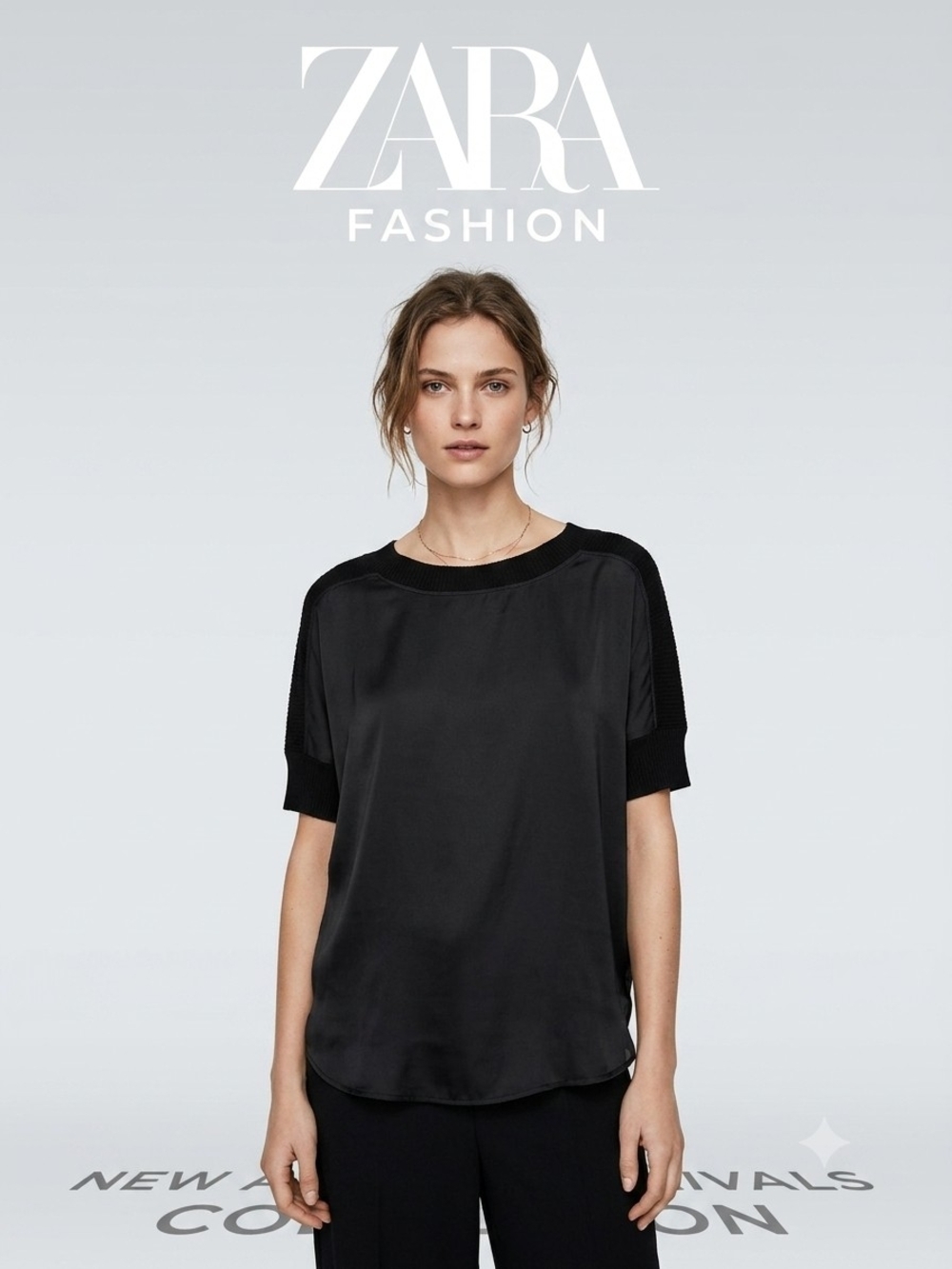 Zara Black Satin Short-Sleeve Crewneck Blouse Ptp 25" Long 23,5"